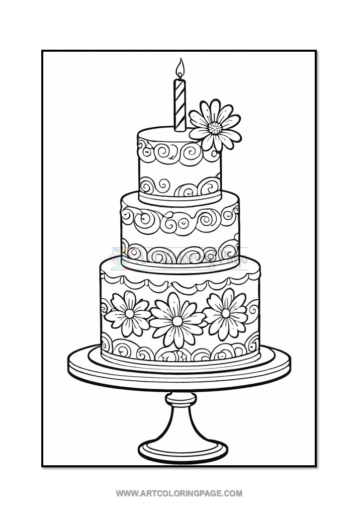 A three-tiered birthday cake on a pedestal, decorated with swirling patterns and large flowers, topped with a single candle.
