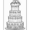 A decorated three-tier cake illustration, featuring floral designs and patterns on each layer, topped with a large flower and a candle.