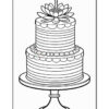 A decorative two-tiered birthday cake with a candle on top, placed on a cake stand, featuring floral decorations and striped layers.