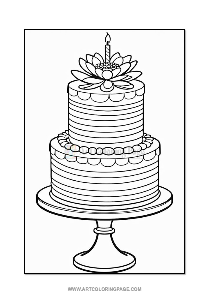 A decorative two-tiered birthday cake with a candle on top, placed on a cake stand, featuring floral decorations and striped layers.