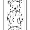 A cartoon bear character with a rounded face and large ears, wearing a buttoned coat with pockets and boots, designed for coloring.