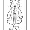 A cartoon weasel character wearing a winter coat and scarf, standing with a smile, both hands in the pockets of the coat, set against a blank background for coloring.