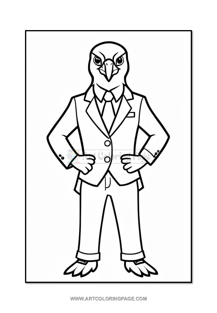 A cartoon depiction of a bird character in a suit, standing confidently with arms crossed, featuring a detailed avian head and sharp features, against a plain background.