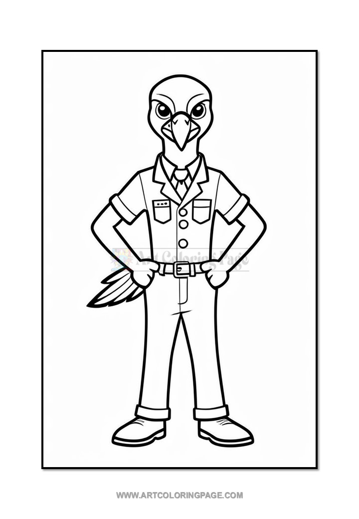 A cartoon bird character dressed in a police uniform, standing confidently with arms crossed. The character features a bird-like head, wearing a shirt with badges and a necktie, paired with trousers and shoes, with a tail extending behind.
