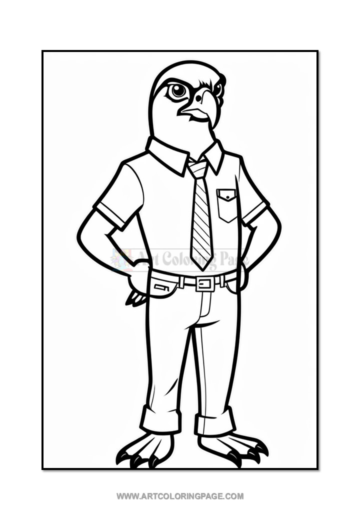A cartoon-style drawing of a bird character dressed in a collared shirt, a tie, and pants, standing with its hands on its hips. The character has a confident expression and large eyes, resembling a humanoid bird in a formal outfit.