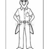 A cartoon bird character standing confidently with hands on hips, wearing a collared shirt with a pocket, a belt, and trousers. The character has a distinct bird-like head and is depicted in a simple black and white coloring style.