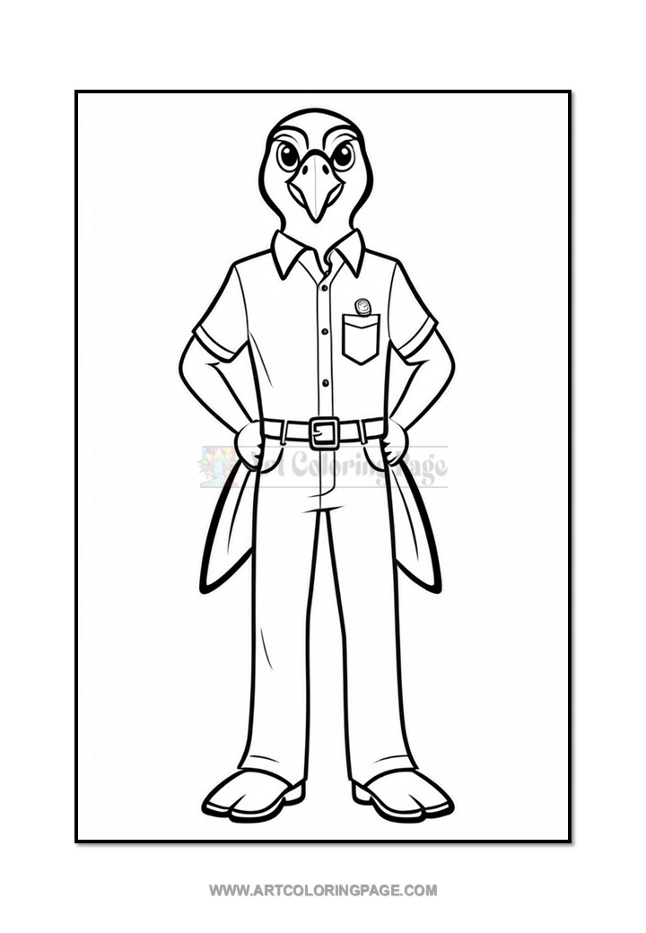 A cartoon bird character standing confidently with hands on hips, wearing a collared shirt with a pocket, a belt, and trousers. The character has a distinct bird-like head and is depicted in a simple black and white coloring style.