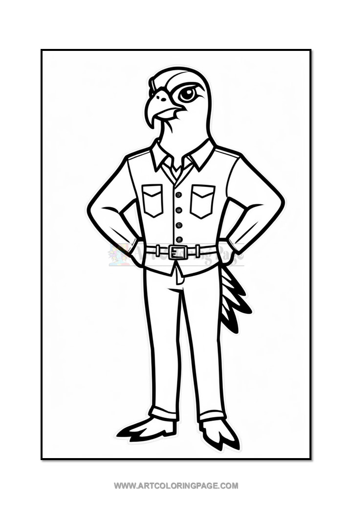A cartoon bird character resembling a hawk, wearing a button-up shirt with two pockets and a belt, standing with hands on hips in a confident pose. The character features distinct feathers and a cartoonish face, set against a simple white background.