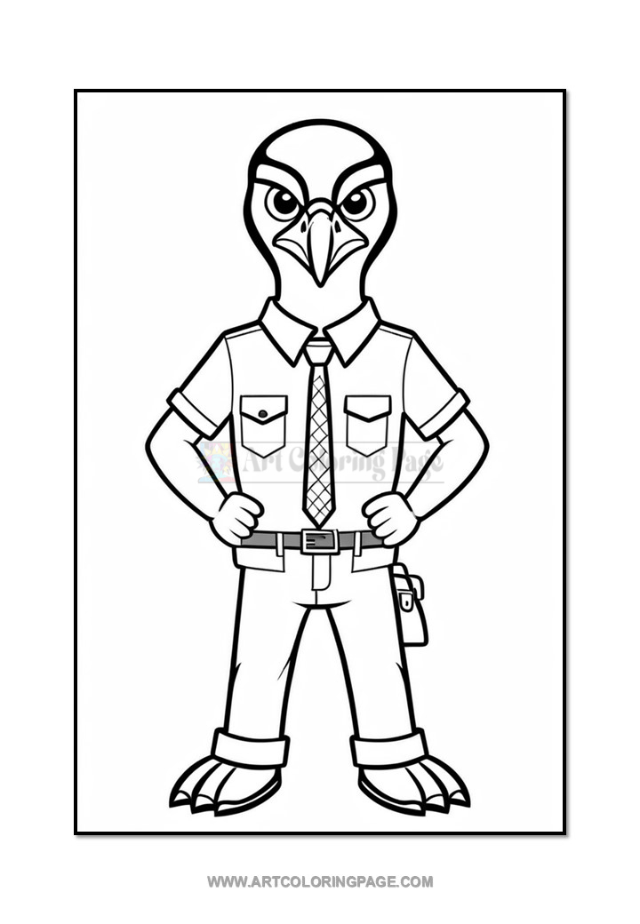 A cartoon-style anthropomorphic bird character dressed in a collared shirt, tie, and pants, standing confidently with hands on hips. The character has a bird-like head, expressive eyes, and is wearing a belt with a small item attached.