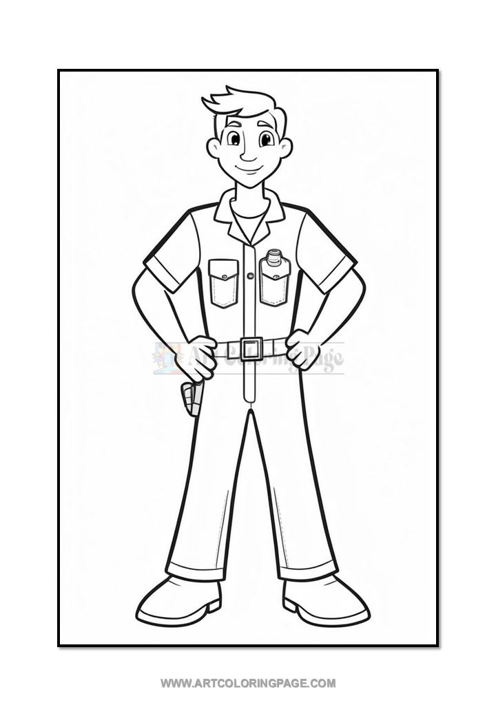 A cartoon character depicted in a line art style, wearing a buttoned work shirt with pockets and a belt, standing confidently with hands on hips and a smile, against a plain background.
