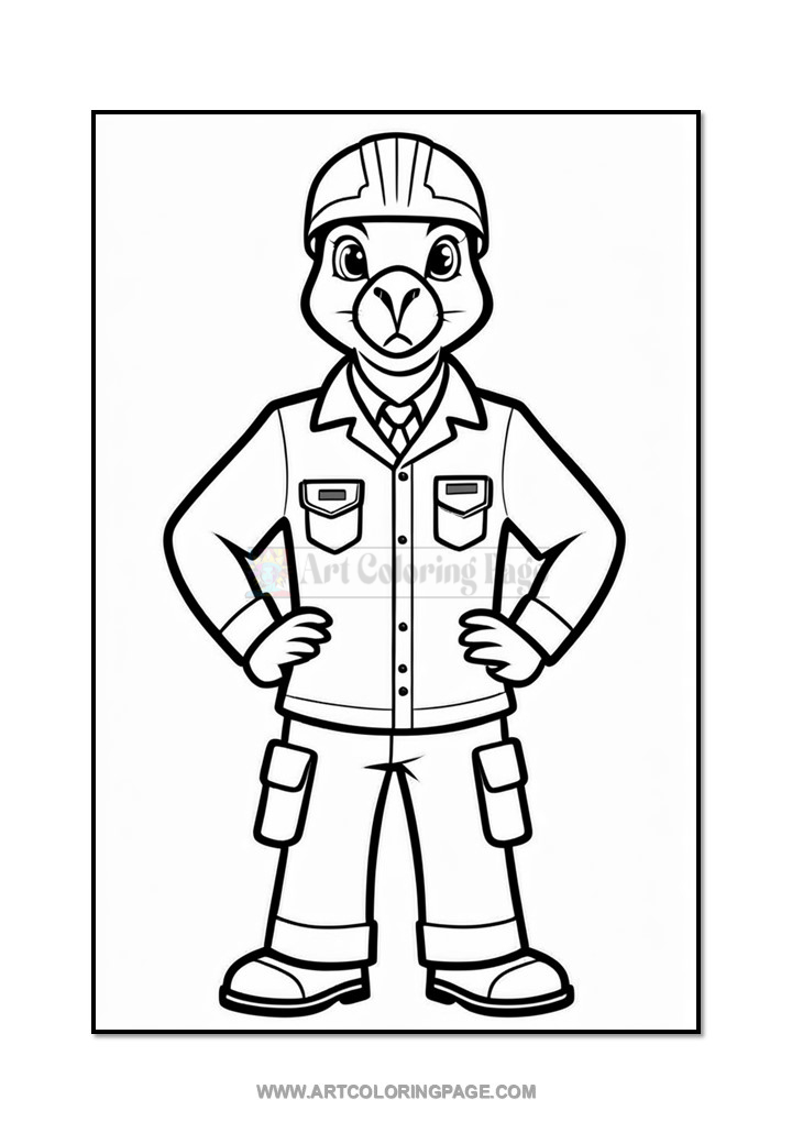 A cartoon bird character dressed in a construction worker's outfit, complete with a hard hat, button-up shirt, and cargo pants, standing confidently with hands on hips.
