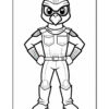 A cartoon-style illustration of a bird character dressed as a superhero, standing confidently with hands on hips. The character has a large beak, goggles, and a stylized outfit with shoulder armor and styled legwear, all outlined for coloring.