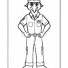 A cartoon-style bird character dressed in a khaki uniform and a hard hat, standing with arms crossed in a confident pose, featuring a shirt with pockets and cargo pants with a belt, depicted in an outline suitable for coloring.