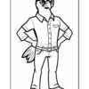 A cartoon bird character, resembling a hawk, stands confidently with arms crossed, wearing a collared shirt and pants, showcasing a detailed wing on its right side.
