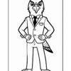 A cartoon character depicted as a bird with a human-like body, wearing a suit and tie, standing with hands on hips in a confident pose. The character has a beak, a crest on the head, and feathers, and is shown in a simple black and white line art style, suitable for coloring.
