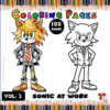 Sonic character in a suit with a background of colorful pencils, promoting cozy coloring pages from artcoloringpage.com.