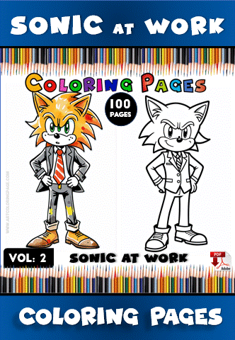 Sonic character in a suit with a background of colorful pencils, promoting cozy coloring pages from artcoloringpage.com.