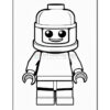 A black and white outline drawing of a Lego-style character with a round helmet, a smiling face, and outstretched arms, standing upright against a plain background.
