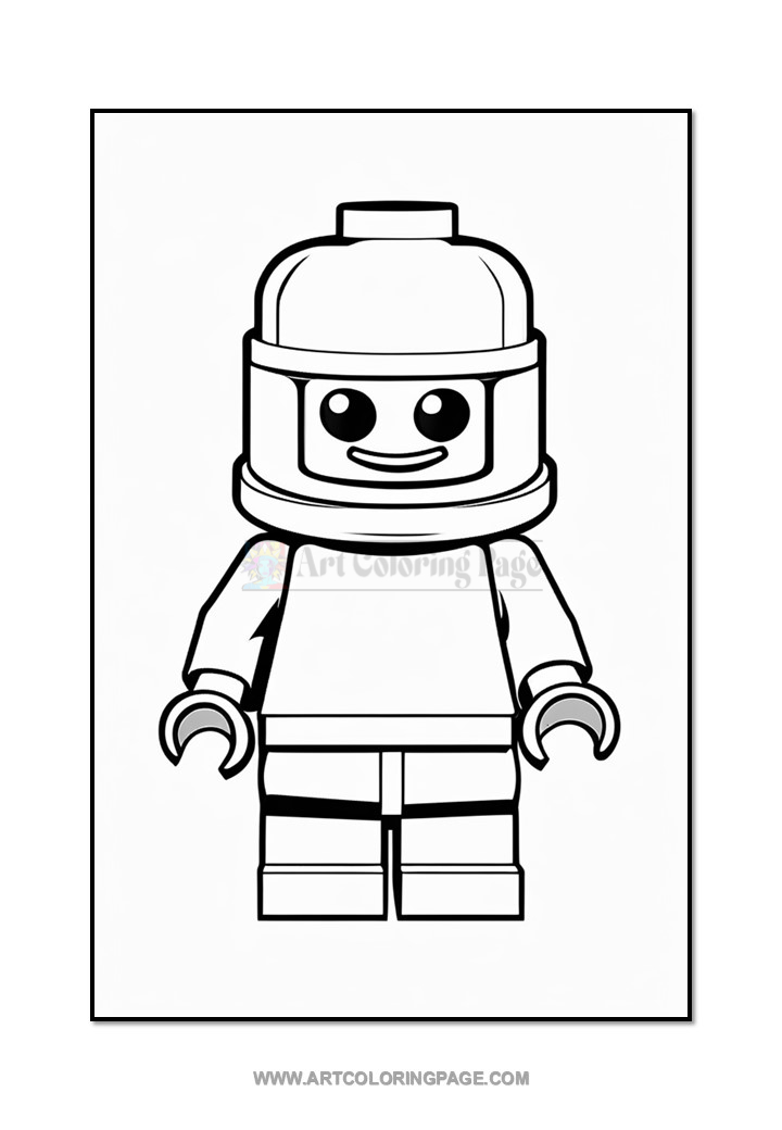 A black and white outline drawing of a Lego-style character with a round helmet, a smiling face, and outstretched arms, standing upright against a plain background.