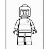 Black and white outline drawing of a LEGO minifigure with a smiling face, wearing a simple space outfit, standing upright with arms slightly raised.