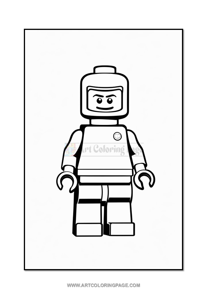 Black and white outline drawing of a LEGO minifigure with a smiling face, wearing a simple space outfit, standing upright with arms slightly raised.
