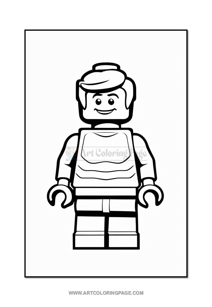 A black and white line drawing of a smiling LEGO minifigure with short hair, wearing a simple shirt and pants, standing in an upright position against a plain background.