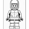 A black and white line art of a LEGO minifigure with a smiling face, wearing a space suit, standing upright with arms at its sides.