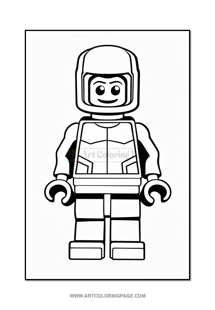 A black and white line art of a LEGO minifigure with a smiling face, wearing a space suit, standing upright with arms at its sides.
