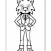 A cartoon character with fox-like features stands confidently with arms crossed, wearing a suit and tie. The character has spiky hair, an intense expression, and is outlined in black and white, set against a plain background, ready for coloring.