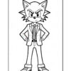 A cartoon fox character standing confidently with arms crossed, wearing a tailored suit and tie, with a serious expression on its face. The character has pointed ears and a furrowed brow, adding to its authoritative demeanor. The illustration is in black and white outline, suitable for coloring.