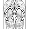 A black and white coloring page featuring a pair of flip-flops, decorated with intricate patterns of leaves and circles on the soles.