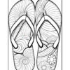 An outlined illustration of a pair of flip-flops, featuring intricate patterns of swirls and flowers on their surfaces, suitable for coloring.