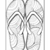 A black and white outline illustration of a pair of flip-flops, featuring a design of swirling lines on the footbeds and straps, positioned side by side against a plain background.