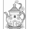 A whimsical teapot design featuring a round body adorned with flowers, a small arched door, and a striped lid. The handle and spout are elegantly curved, and additional floral decorations enhance its enchanting appearance.