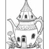 A whimsical teapot designed like a fairy tale house, complete with a conical roof and small windows. The teapot features a door and is surrounded by blooming flowers and leaves, all in a coloring page style with bold outlines.