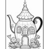 A whimsical teapot designed to resemble a house, featuring a pointed roof with shingles, a door, and multiple windows, surrounded by flowers at its base.