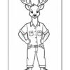 A cartoon deer character with antlers is standing confidently with hands on hips, wearing a short-sleeved button-up shirt, jeans, and boots, depicted in a line-art style for coloring.