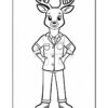 A cartoon deer standing upright and wearing a buttoned shirt with pockets and pants, hands on hips, smiling cheerfully in a coloring book style.