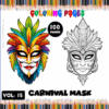 Coloring page featuring intricate carnival masks, promoting a cozy coloring book with 100 pages from artcoloringpage.com.