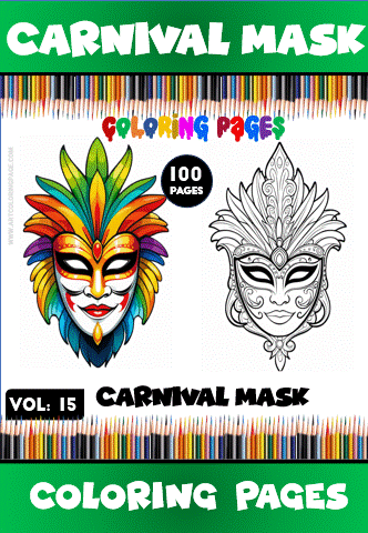 Coloring page featuring intricate carnival masks, promoting a cozy coloring book with 100 pages from artcoloringpage.com.