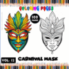 Colorful carnival mask designs on a cozy coloring page from artcoloringpage.com, featuring both vibrant and black-and-white styles.