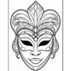 A decorative black and white illustration of a stylized mask with intricate swirls and patterns, featuring large, almond-shaped eyes and a symmetrical design, highlighted by ornate details at the top and sides of the mask.
