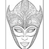 A detailed black and white illustration of a mask featuring intricate patterns, elaborate swirls, and a symmetrical design, emphasizing a central face with stylized features and ornamental elements on the head.
