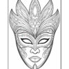 A detailed, black and white illustration of a decorative mask featuring ornate patterns, swirling lines, and stylized facial features, framed within a rectangular border.