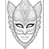 A detailed black and white line drawing of a stylized mask featuring intricate patterns, pointed ears, and a decorative headdress, designed for coloring.