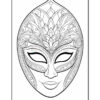 A black and white line drawing of an ornate mask featuring intricate patterns, flowers, and curves, with wide eyes and a subtle smile, set against a plain background.