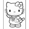 A black and white illustration of a cartoon cat character resembling a feline with a bow on its head, wearing overalls and holding up one paw in a waving gesture, on a blank background.