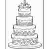 A three-tiered birthday cake decorated with flowers and a single candle on top, placed on a round cake stand.