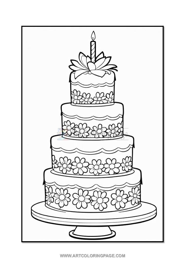 A three-tiered birthday cake decorated with flowers and a single candle on top, placed on a round cake stand.