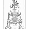 A three-tiered wedding cake decorated with flowers and topped with candles, outlined in a coloring book style.